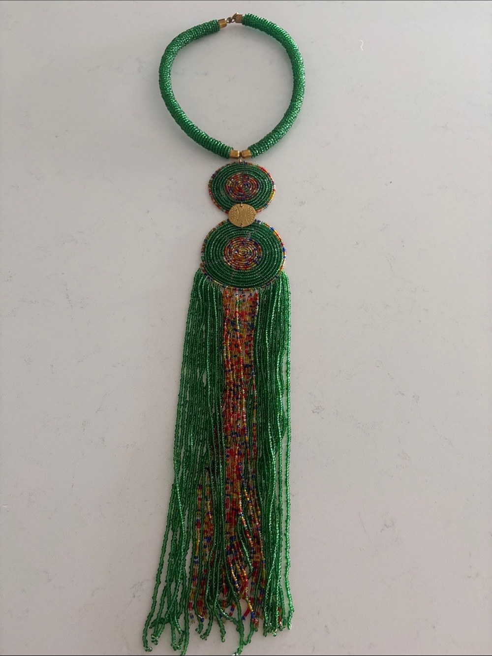 Green Beaded Tassel Statement Necklace